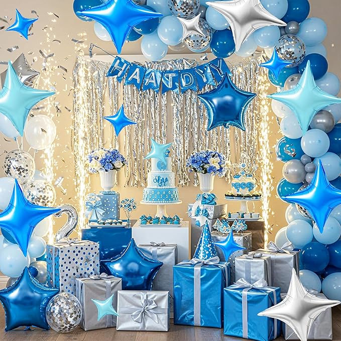 TONIFUL 30Pcs 26In&10In Star Balloons Blue Silver Four Pointed Foil Mini Star Mylar Balloons for Birthday Wedding Baby Shower Anniversary Engagement Party Decor Supplies