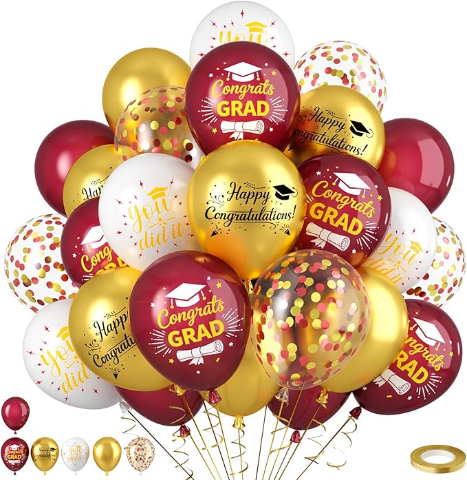 Burgundy and Gold Graduation Balloons Graduation Decorations 2026, 60Pcs Print Congrats Grad Balloons, Maroon Gold Confetti Latex Balloon, Class of 2026 Grad Party Decorations for College High School