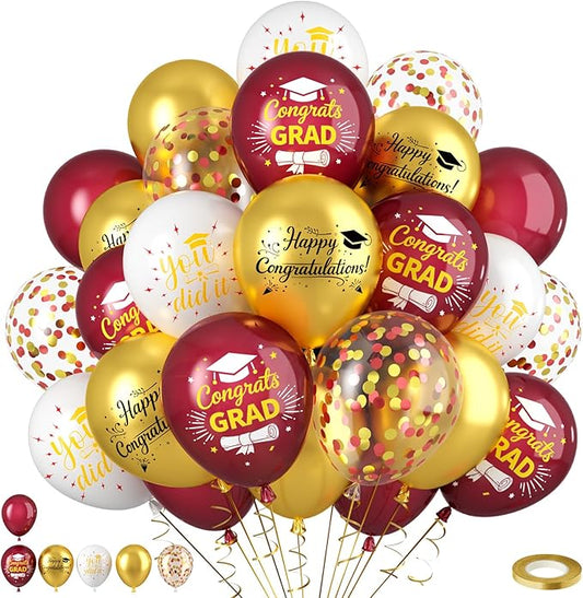 Burgundy and Gold Graduation Balloons Graduation Decorations 2026, 60Pcs Print Congrats Grad Balloons, Maroon Gold Confetti Latex Balloon, Class of 2026 Grad Party Decorations for College High School