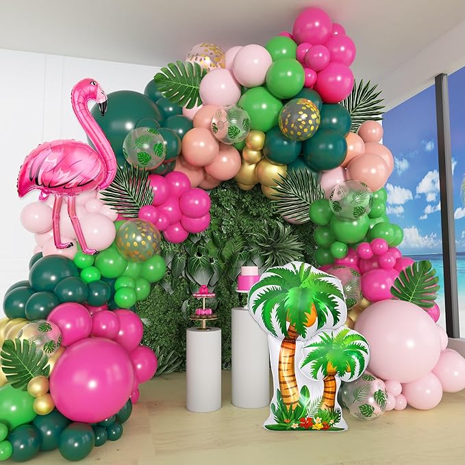 Amandir 165Pcs Flamingo Tropical Balloon Arch Garland Kit, Hot Pink Green Gold Foil Coconut Flamingo Balloons with Palm Leaves for Hawaiian Luau Aloha Summer Beach Tropical Birthday Party Decorations