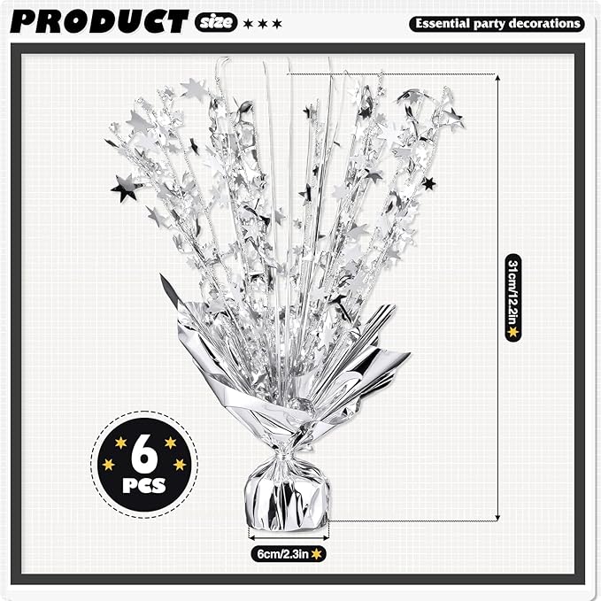 6 Pack Metallic Foil Spray Centerpiece Star Table Decoration Burst Table Centerpieces for Birthday Wedding Anniversary Celebrations Party Decor Supplies (Silver)