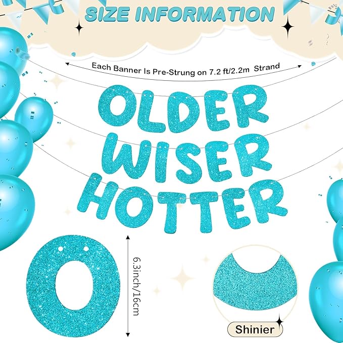 Fulmoon Set of 3 Pre Strung Older Wiser Hotter Glitter Banner Funny Birthday Banner for Women 30th 40th 50th 60th 70th 80th Birthday Party Decorations Sign Gift(Blue)