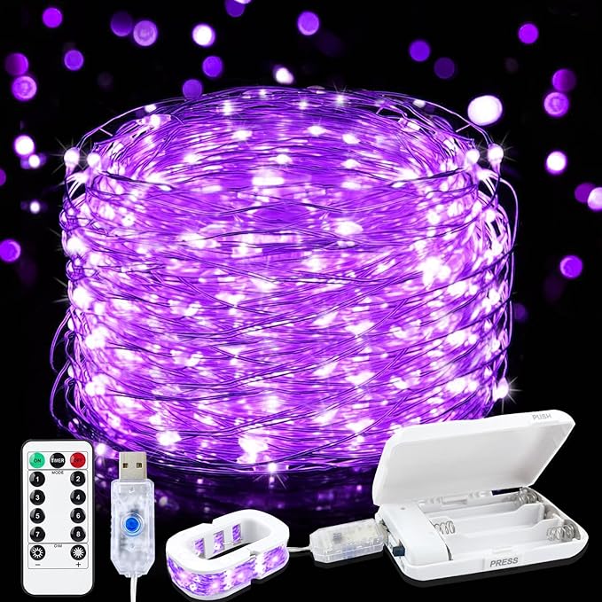 Aogist 50LED Fairy Lights 16ft Dual Power(USB/Battery) with Remote & Timer, 8 Modes Flexible Copper Wire Waterproof String Lights for Outdoor Christmas Wedding Bedroom Party Decor-1 Pack,Purple