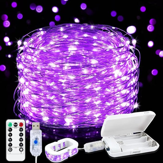 Aogist 50LED Fairy Lights 16ft Dual Power(USB/Battery) with Remote & Timer, 8 Modes Flexible Copper Wire Waterproof String Lights for Outdoor Christmas Wedding Bedroom Party Decor-1 Pack,Purple