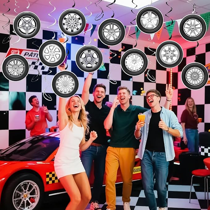 Race Car Party Decorations - 30Pcs Racing Car Wheel Hanging Swirls Wheel Tire Ceiling Hanging Streamers for Race Theme Birthday Party Supplies