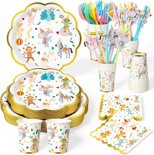 Yungyan 210 Pcs Animal Parade Party Supplies Set Including 9" and 7" Animal Parade Plate Disposable Napkin Fork Cup Straw and Fun Decoration for Birthday Zoo Party (Cute)