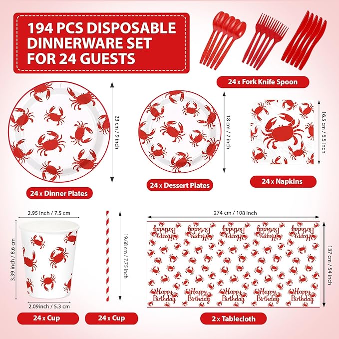 194Pcs Crab Boil Birthday Party Decorations Crabs Boil Plates and Napkins Cups Forks Knives Tableware Sets for Summer Red Crabs Seafood Boil Theme Picnic BBQ Birthday Party Supplies Serves 24