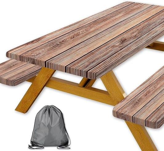 Picnic Table Cover with Bench Covers Camping Essentials Farmhouse Outdoor Table Covers Wood Grain Waterproof Windproof Fitted Tablecloth Cover with Elastic Edge for Indoor & Outdoor 3 PCS 30x96 Inch