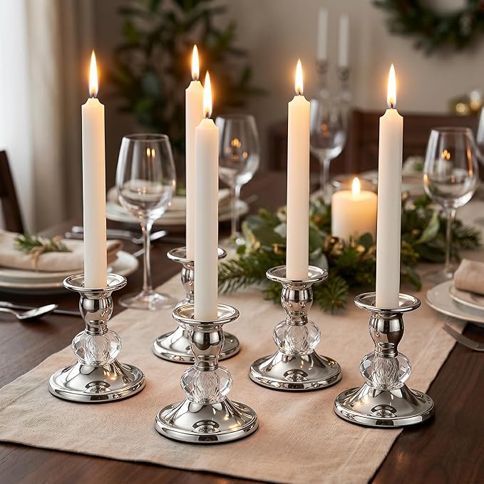 Candlestick Holders Taper Candle Holders, Candle Stick Candle Holder for Table Centerpiece, Wedding Reception, Festive Christmas Mantel Decoration or Home Decor (Silver, 3 Sets(6 Pcs))