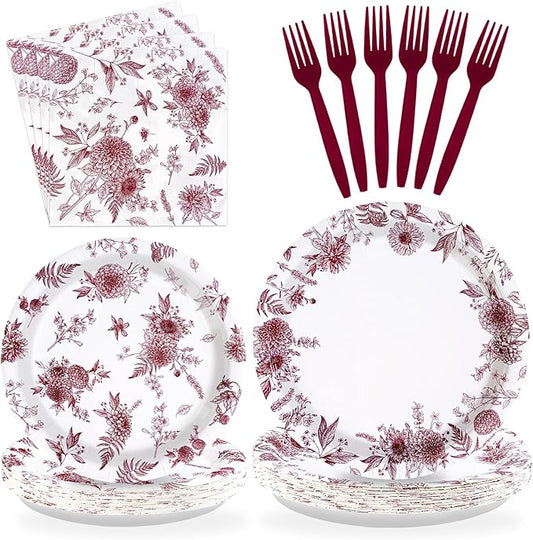96 Pcs Burgundy Floral Paper Plates Burgundy and White Flower Plates and Napkins Red Chinoiserie Vintage Floral Dessert Plates for Birthday Bridal Wedding Chinoiserie Tea Party Supplies, Serves 24