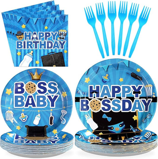 96 Pcs Boss Birthday Party Decorations Disposable Blue Boss Paper Plates and Napkins Baby Boy Boss Themed Tableware Set for Boys Birthday Baby Shower Party Supplies, Serves 24