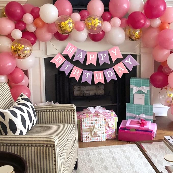 Pre-Strung Pink and Purple Happy Birthday Banner, No DIY Burlap Banner, Colorful Party Decorations for Girls, Reusable Fabric, Ready to Hang Birthday Decor