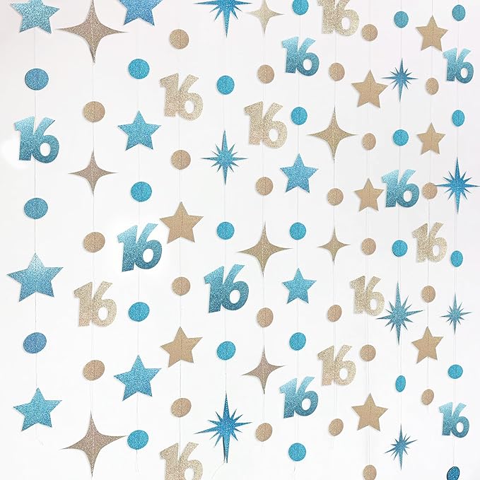Champagne Gold Blue 16th Birthday Decorations Number 16 Circle Dot Star Garland Glitter Streamer Banner Backdrop for Girls Boys Sweet Sixteen Cheers to 16 Years Old Happy 16th Birthday Party Supplies
