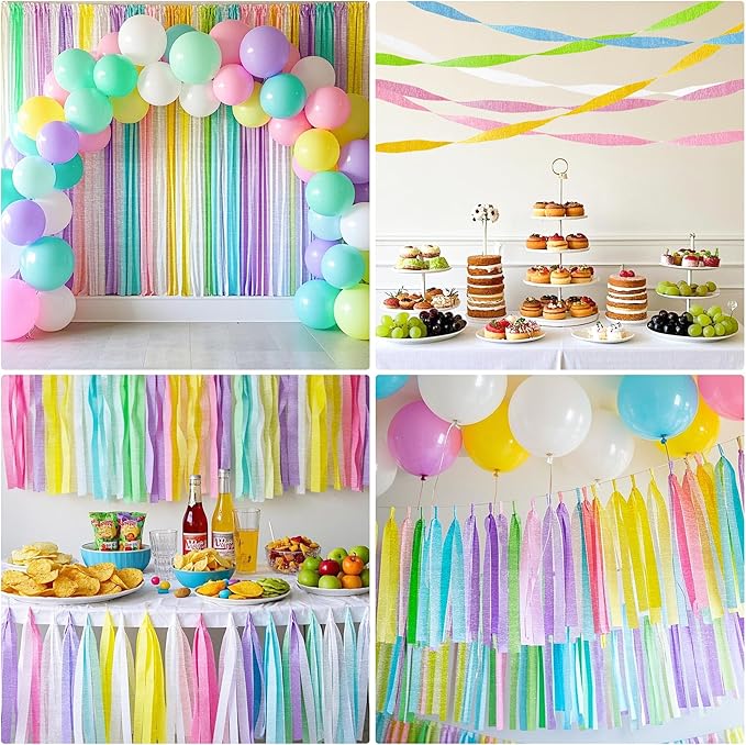 Metallic Pastel Crepe Paper Streamers 6 Rolls, 2.2" x 123 Ft Birthday Streamers Party Decorations for Baby Shower Bachelorette Bridal Shower Graduation Wedding Engagement Anniversary