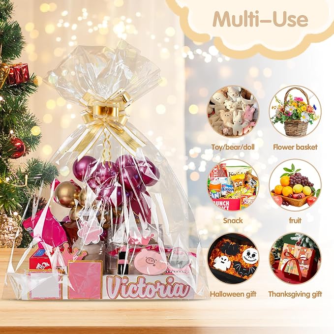 10 Pcs Extra Large Cellophane Bags 50x60 Inches for Gift Baskets, Clear Gift Basket Wrap with 10 Gold Ribbons, Food-Safe Plastic Packaging for Valentine's Day,Christmas,Weddings,Auctions