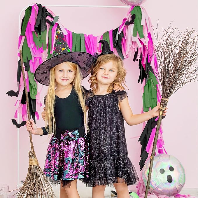 Pink Green & Black Crepe Paper Streamers Party Decorations for Birthday, Flamingo, Hip-Hop, Witch Themed Party etc. 9 Rolls