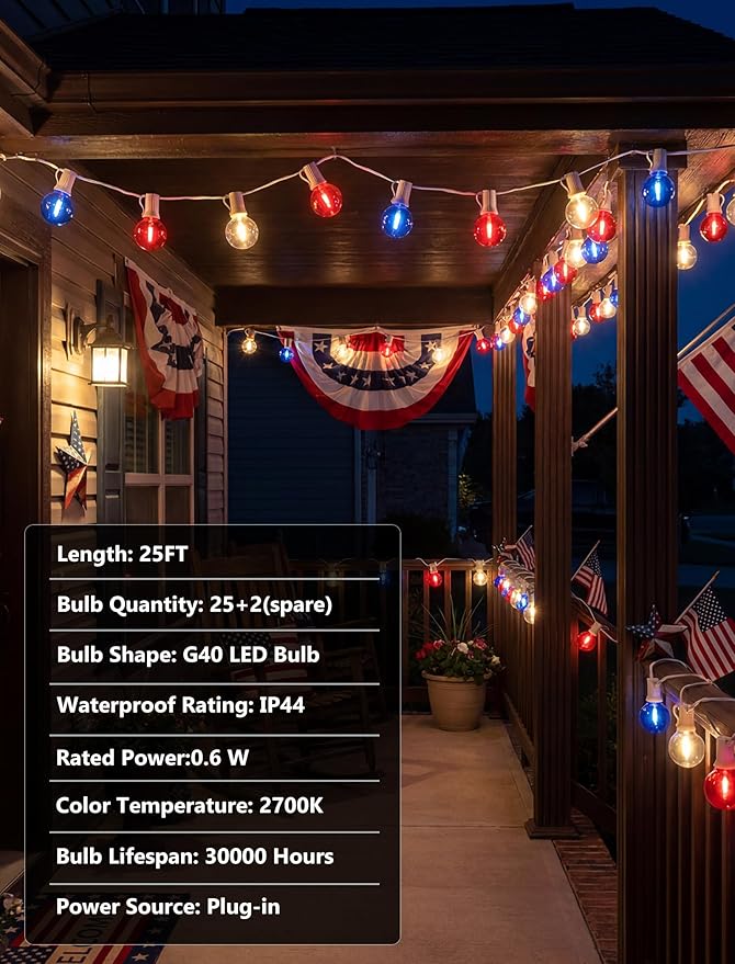 4th of July G40 LED Red White and Blue Lights, 25ft Outdoor String lights, Hanging Patio Lights with 27 Shatterproof Round Bulbs, Independence Day Decoration Warm White for Patriotic Party Garden