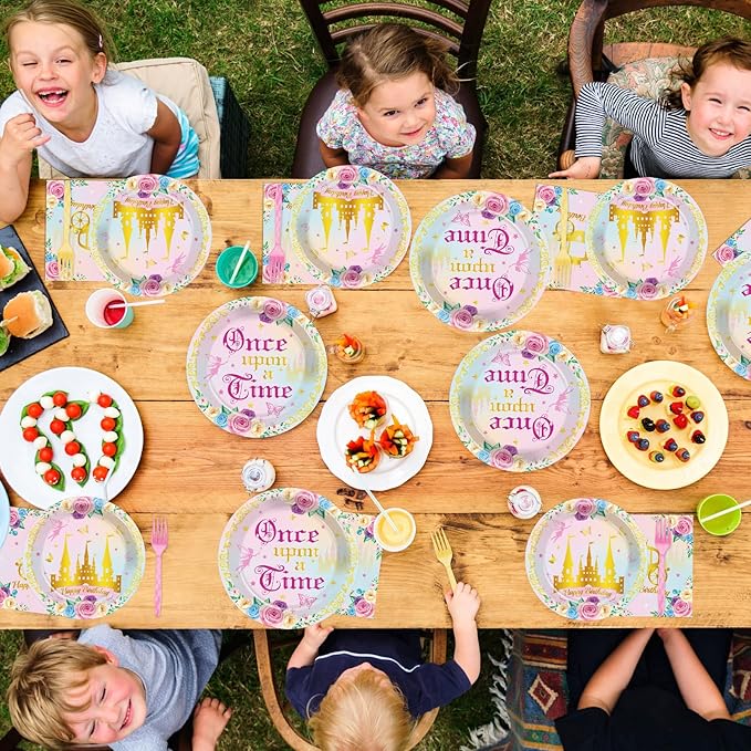 96PCS Princess 1st Birthday Party Supplies Once upon a Time Fairytale Castle Plates and Napkins Pink Princess Party Decors for Girls Pink 1st Onederland Birthday Baby Dinnerware Serves 24 Guests