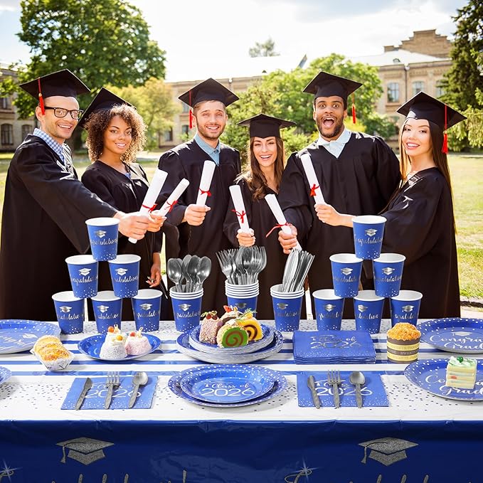 175pcs Class of 2026 Graduation Plates and Napkins Set, Disposable Paper Plate Set Polka Dots Napkins Cups Knife Fork Spoon for Graduation Party Decorations and Supplies,Serve 25 (Blue Silver)