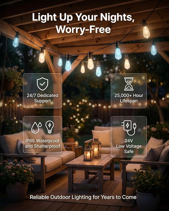 100FT Smart Outdoor String Lights, 2-Pack Color Changing ST48 Multi-color LED Patio Lights with Magic Lantern App, IP66 Waterproof Shatterproof Hanging Decor Lights for Large Backyard Garden