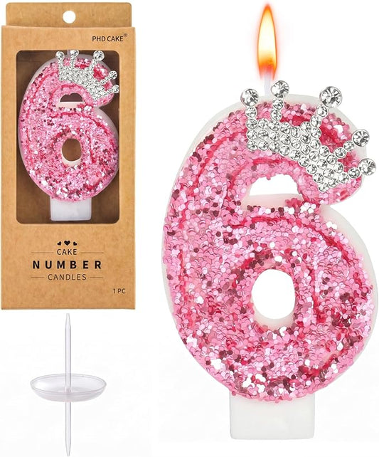PHD CAKE Birthday Number Candles,Pink Crown Birthday Candles for Cake,Glitter Number 6 Candle Cake Topper with Sequins for Girls,Women, Anniversary Celebrations Supplies