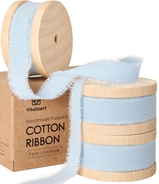Vitalizart Baby Blue Cotton Ribbon Handmade Fringe 5/8" x 21 Yd Pure Natural Cotton Ribbons for Gift Wrapping Wedding Invites Bridal Shower Bouquets Holiday Decor