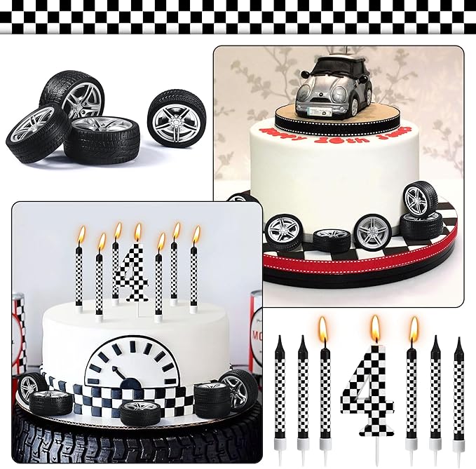 13 Pcs Racing Cars Themed Birthday Candles, Black and White Checkered Birthday Cake Candles, Numeral 4 Candle Wheel Tire for Racing Car Party Decoration Theme Party Supplies