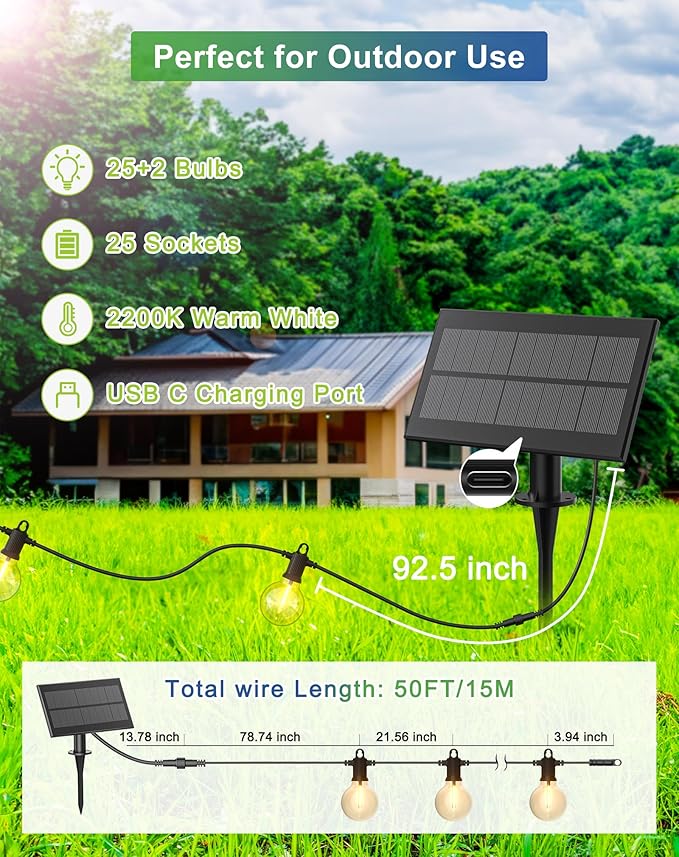 Zuske Solar String Lights Outdoor Waterproof 50FT with USB Port and 27 Shatterproof G40 Bulbs(2 Spare), LED Solar Powered Patio Lights for Outside, Porch, Backyard, Bistro, Garden, Market - 2200K