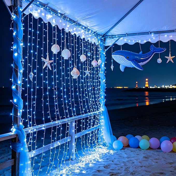 300 LED Blue Birthday Party Decorations String Lights with 12 Modes Timer Dimmable, Waterproof Green Wire Christmas Tree Lights, 75FT Fairy Lights for Bedroom, Outside, Ocean Party, Xmas Decor