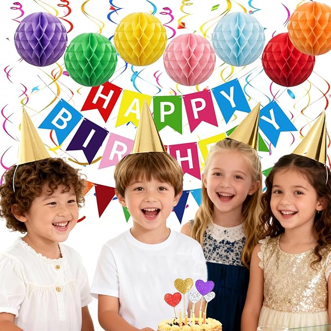 Happy Birthday Decorations, 60Pcs Rainbow Happy Birthday Banner Decorations for Men Women Party Supplies