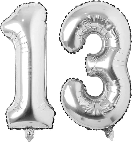 Silver 13 Number Balloons Big Giant Jumbo Large Number 13 Foil Mylar Balloons for Girl Boy 13th Birthday Party Supplies 13 Anniversary Events Decorations-40 inch