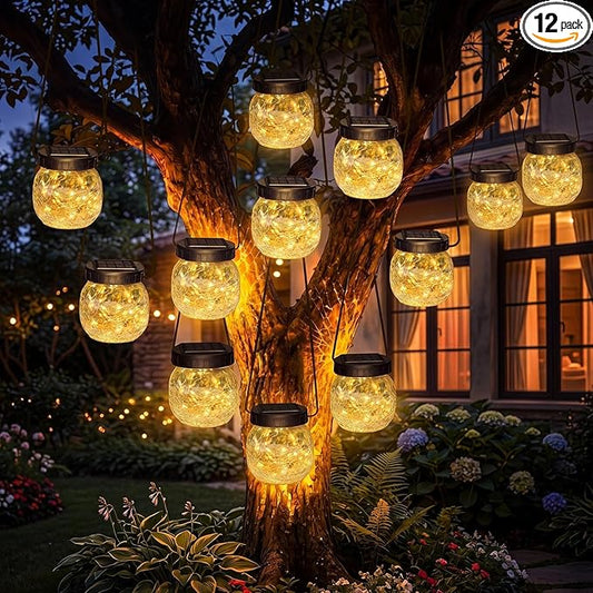 12 Pack Solar Lanterns Outdoor Waterproof, Crackle Glass Hanging Lights with Warm Glow, Waterproof Outside Lights for Tree Shepherd Hook Fence Patio Yard Decor & Gifts for Women Mom