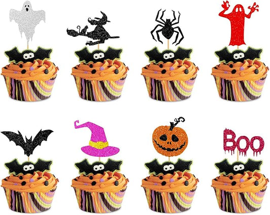Glitter Happy Halloween Cupcake Toppers including Pumpkin Boo Ghost Hat Witch Spider Bat Food sticks Decorations for Halloween Themed Kids Birthday Party -40PCS