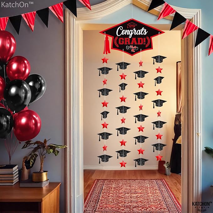 Graduation Decorations 2026, Black and Red Cap Garland - Pack of 2, No DIY | Congrats Grad Garlands for Wall Decor | Cap Garland for Graduation Party Decorations, 2026 Graduation Decoration, KatchOn