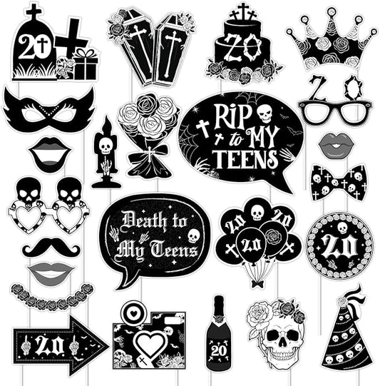 24Pcs Gothic 20th Birthday Photo Booth Props, Rip to My Teens Birthday Decoration, Death to My Teens Party Decor for Women Funeral 20th Birthday Party Supplies Black