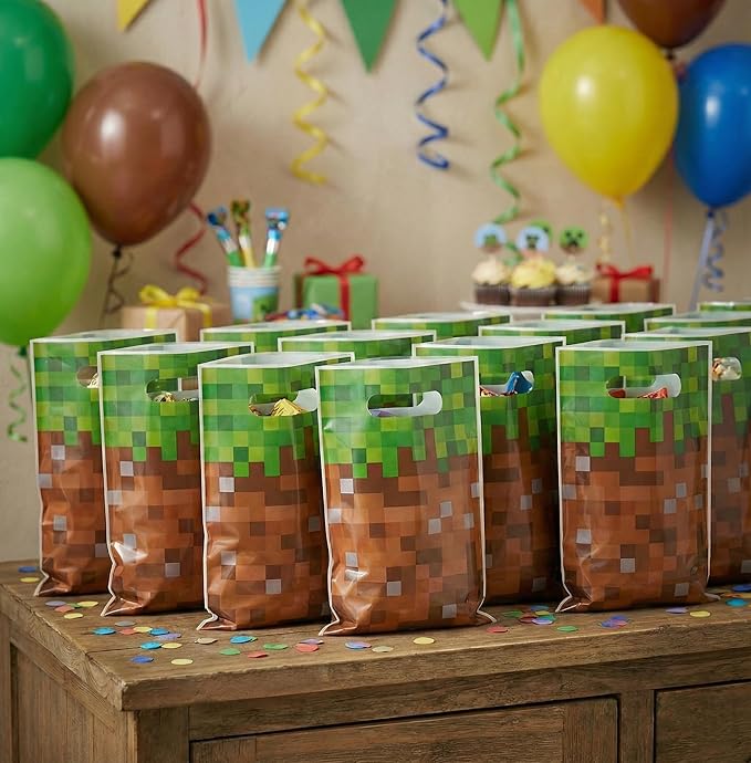 Camtoms 60 pcs Goodie Bags, Party Bags, Gift Bags for Boys Birthday, Party Favors, Treats, Candy, Pixel Style, 6x10 inch