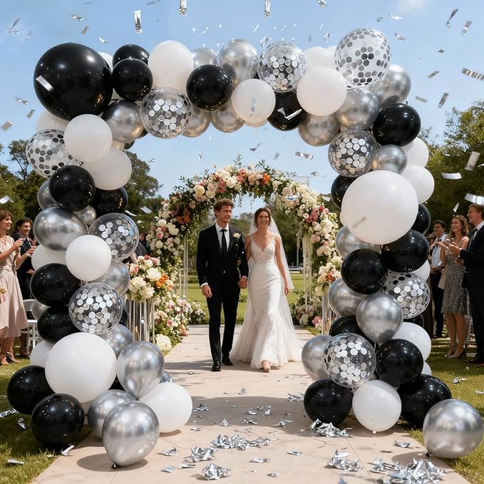 Zesliwy Black Silver Balloons Set,50pcs 12inch Metallic Silver Black White Pearl Silver Balloon with Confetti Latex Balloons for Birthday Wedding Graduation Anniversary Party Decorations