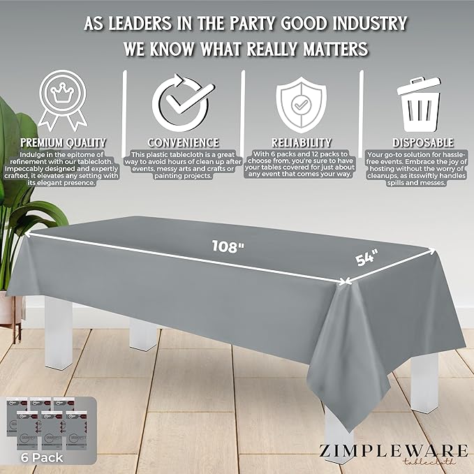 ZIMPLEWARE Premium Silver Plastic Table Cloth Disposable (6 Pk) Plastic Tablecloths for Rectangle Tables (54in x 108in) Party Table Cloths Disposable for 6ft to 8ft Rectangle Tables