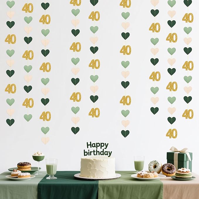Sage Green Gold 40th Birthday Decorations Sage Green Gold Heart Garland Streamer Banner Backdrop for Women Happy 40th Birthday Vintage 1986 Cheers to 40 Years Old Fabulous Anniversary Party Supplies