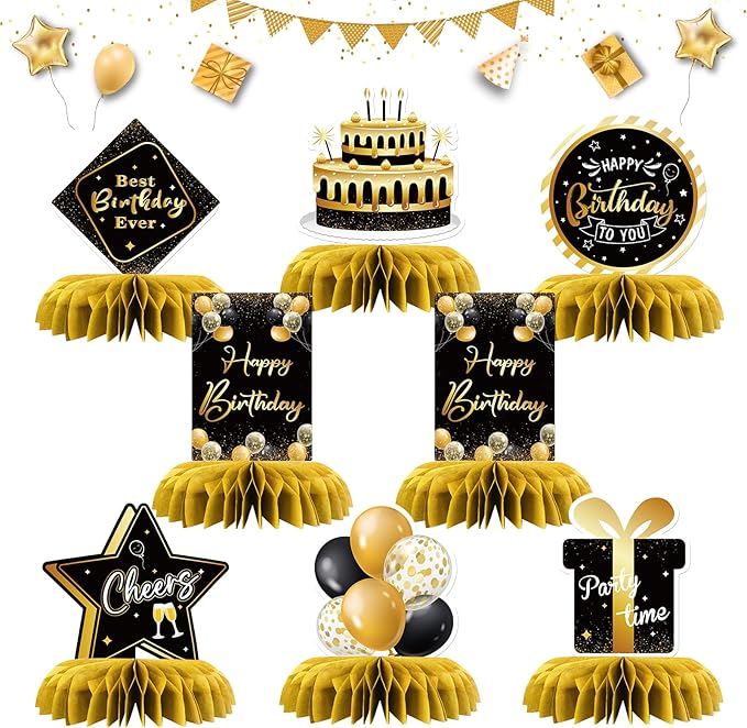 Happy Birthday Table Honeycomb Centerpieces Set, Anniversary Birthday Gifts Table Topper Centerpieces Adults Children Teenager Birthday Party Table Decorations Set of 8 (Gold)