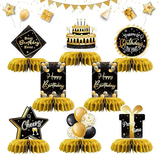 Happy Birthday Table Honeycomb Centerpieces Set, Anniversary Birthday Gifts Table Topper Centerpieces Adults Children Teenager Birthday Party Table Decorations Set of 8 (Gold)