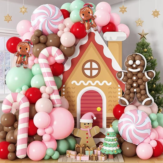 Gingerbread Christmas Balloon Arch Kit, 125PCS Pink Green Brown Holiday Balloon Garland with Gingerbread Man House Foil Balloons for Xmas Party Nutcracker Christmas New Year Birthday Decorations