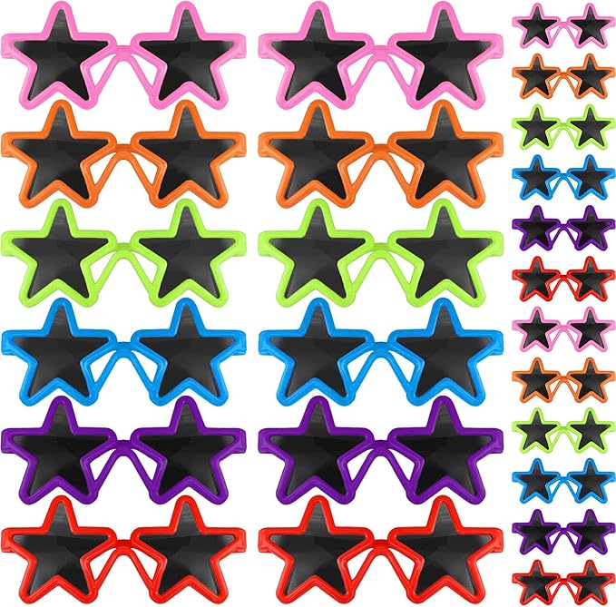 Frienda 24 Pairs Kids Star Sunglasses Bulk Neon 80s Rock Star Toddler Party Favor Funny Glasses Accessories for Rock and Roll Birthday Party Photo Props