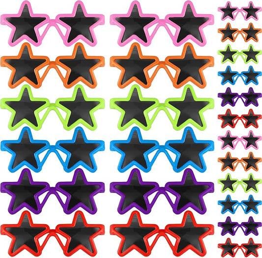 Frienda 24 Pairs Kids Star Sunglasses Bulk Neon 80s Rock Star Toddler Party Favor Funny Glasses Accessories for Rock and Roll Birthday Party Photo Props