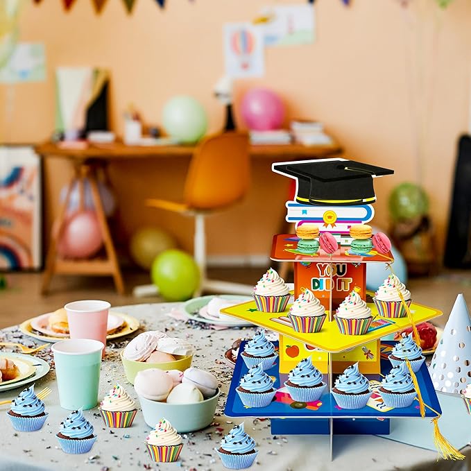 Haooryx Kindergarten Graduation Cupcake Stand - 3-Tier Preschool Graduation Cupcake Tower Decorations Cardboard Round Candy Dount Dessert Holder for Kindergarten Graduation Party Table Decor Supplies