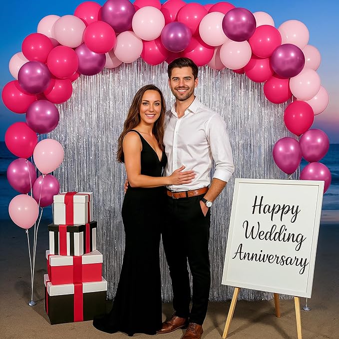 KatchOn, Big Silver Fringe Backdrop Set - 3.2x6.5 Feet, Pack of 52 | Silver Streamer Backdrop and Pink Latex Balloons | Fringe Curtain for Engagement, Disco, Wedding, Anniversary, Birthday Decoration