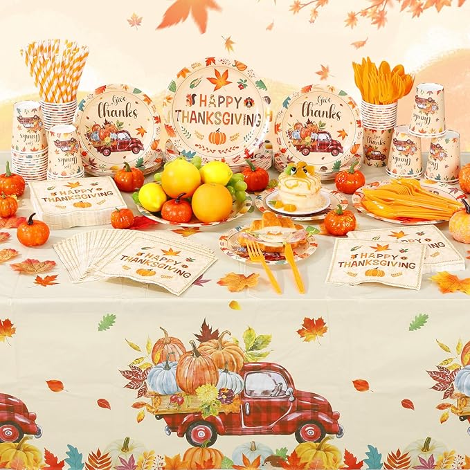 Potchen 452 Pcs Party Supplies Serve 50 Guests, Paper Plates Napkins Cups Cutlery Plastic Tablecloth Dinnerware for Birthday Wedding Party Decoration (Harvest Color, Happy Thanksgiving)