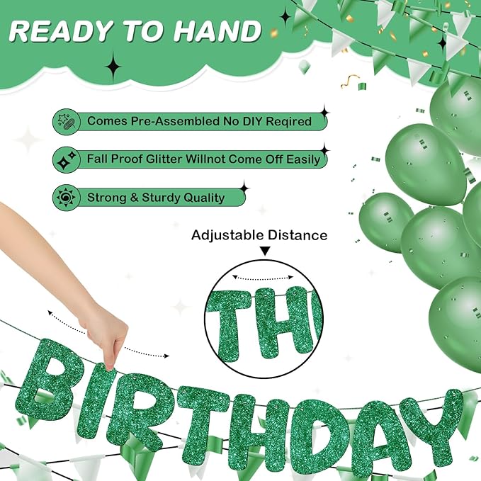 Fulmoon Glitter Pre Strung Happy Birthday Banner No DIY Party Decorations Happy Birthday Sign Decor for Men Women Boy Girls Backdrop(Green)