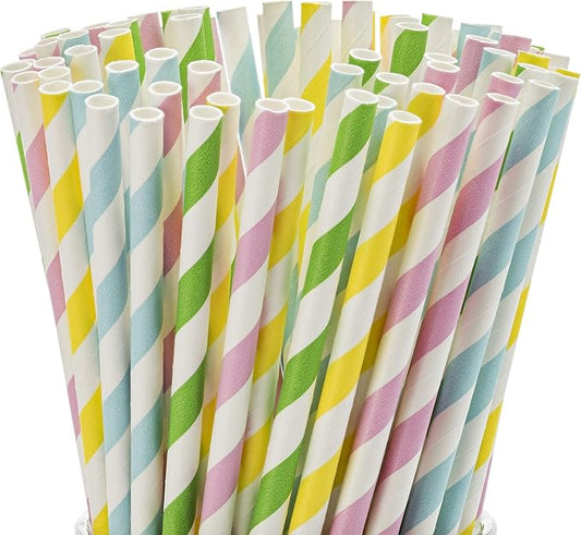 Paper Straws Biodegradable 200 Pack Striped Multi Colored BPA-Free Disposable 8.25" Long Non-Flexible Straw for Everyday/Birthday Party/Easter/Baby Shower/Wedding - By DuraHome