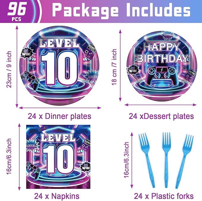 96Pcs 10th Birthday Video Game Party Decorations 10 Years Old Themed Tableware Purple Blue Plates Napkins Forks Level 10 Dinnerware Party Supplies for Kids Boys Gamer Gaming Birthday Serves 24 Guests